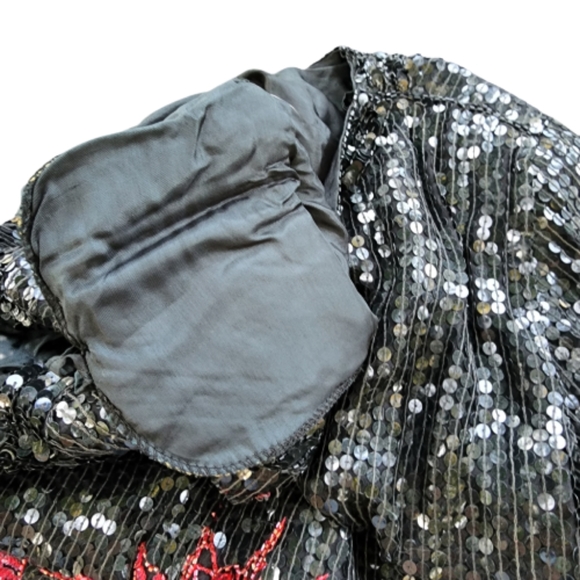 Womens XL Black Sequin Beaded Red Floral 100% Silk Glamourcore Mob WifeTop - Picture 5 of 8